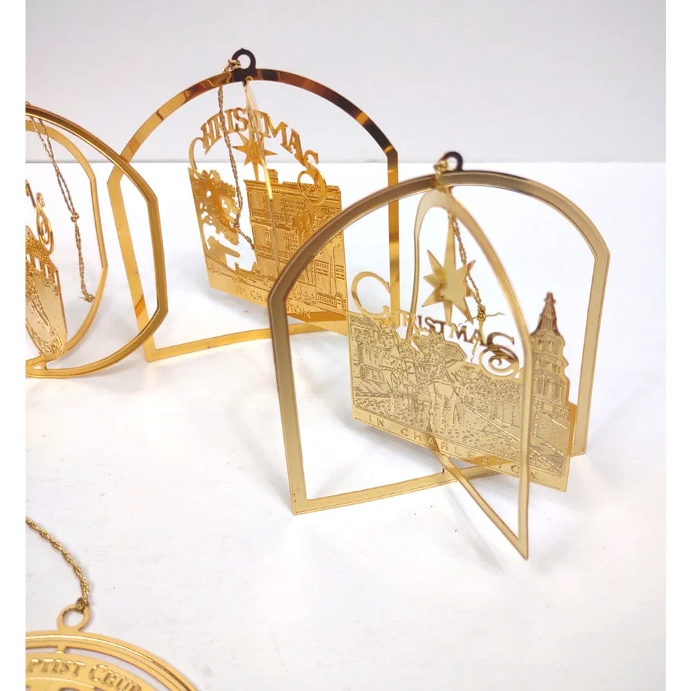 Lot of 6 VTG CHARLESTON SC Novelty 24K Gold Plate Flat Christmas Ornaments 90s